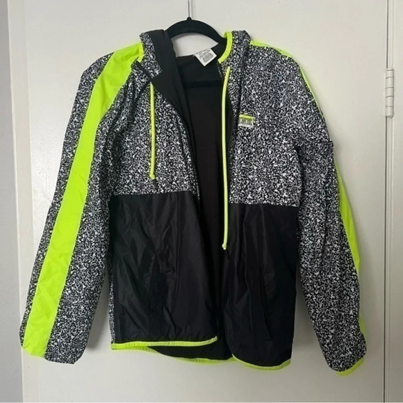 PINK Victoria's Secret Jackets & Blazers - Victorias Secret PINK Anorak Zip Hoodie Black Composition Print/ Neon Lemon